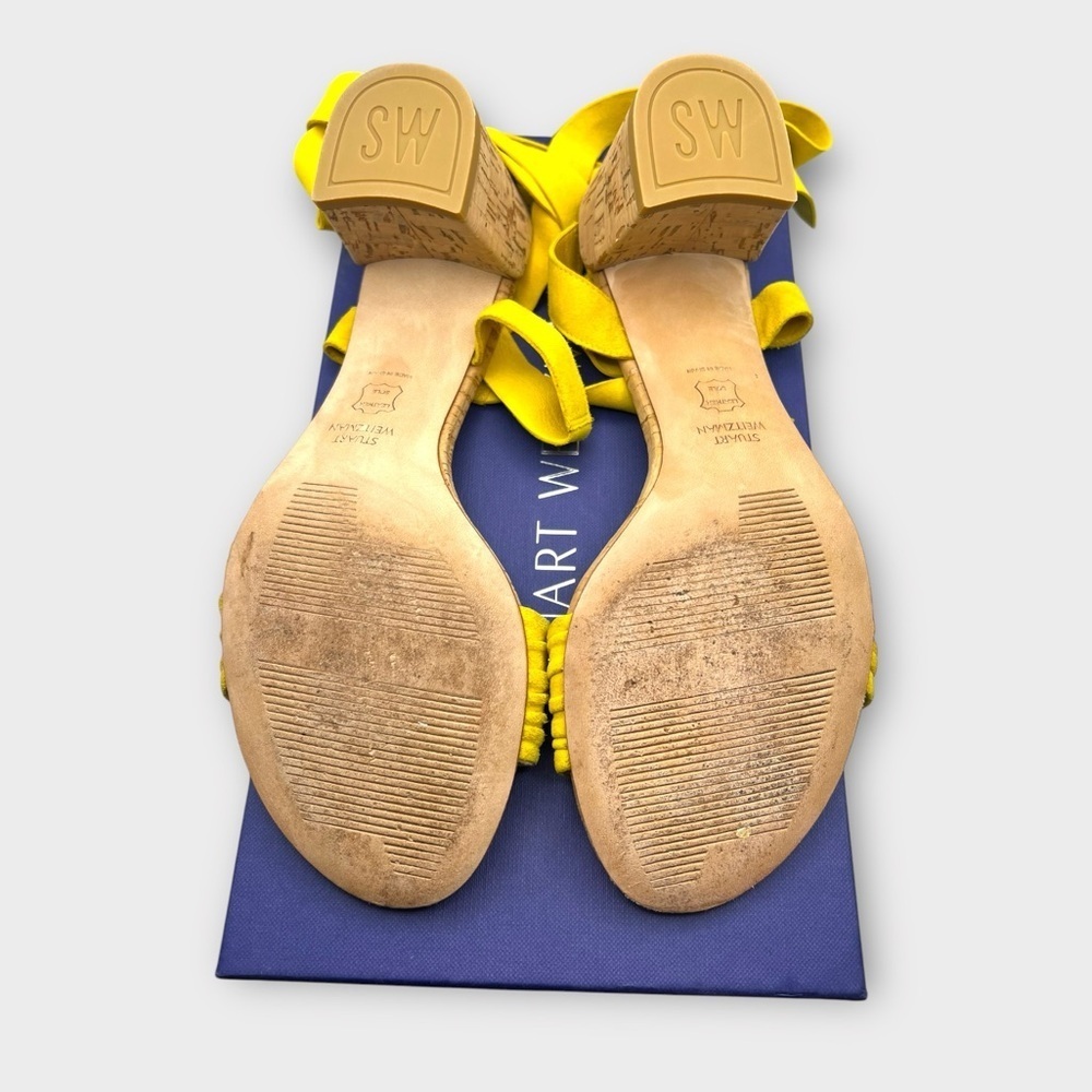 Stuart Weitzman Swiftycork Jonquil Yellow Suede Cork Heel Sandals Sz 7 M Box - Picture 5 of 8